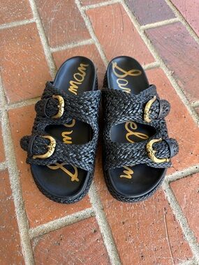 Sam Edelman Black Braided Slide Sandals with Gold Buckles
